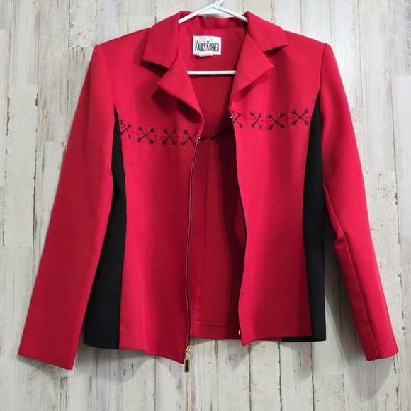 Kari's Korner Vintage Red Black Zip Up Shoulder Pads Blazer Jacket Size 8 - Picture 2 of 5